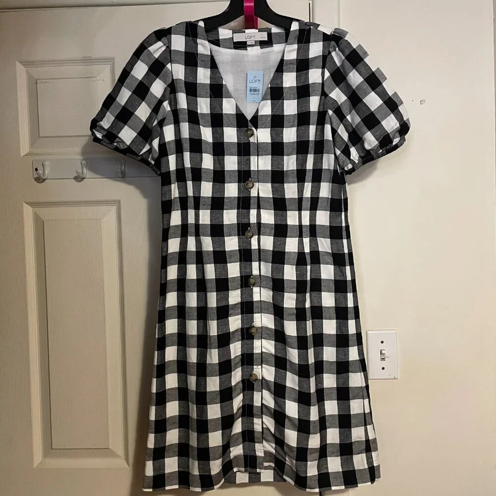 NWT LOFT Gingham Button V-Neck Dress Puff Short Sleeve Black White Size 2 Petite - Picture 4 of 8